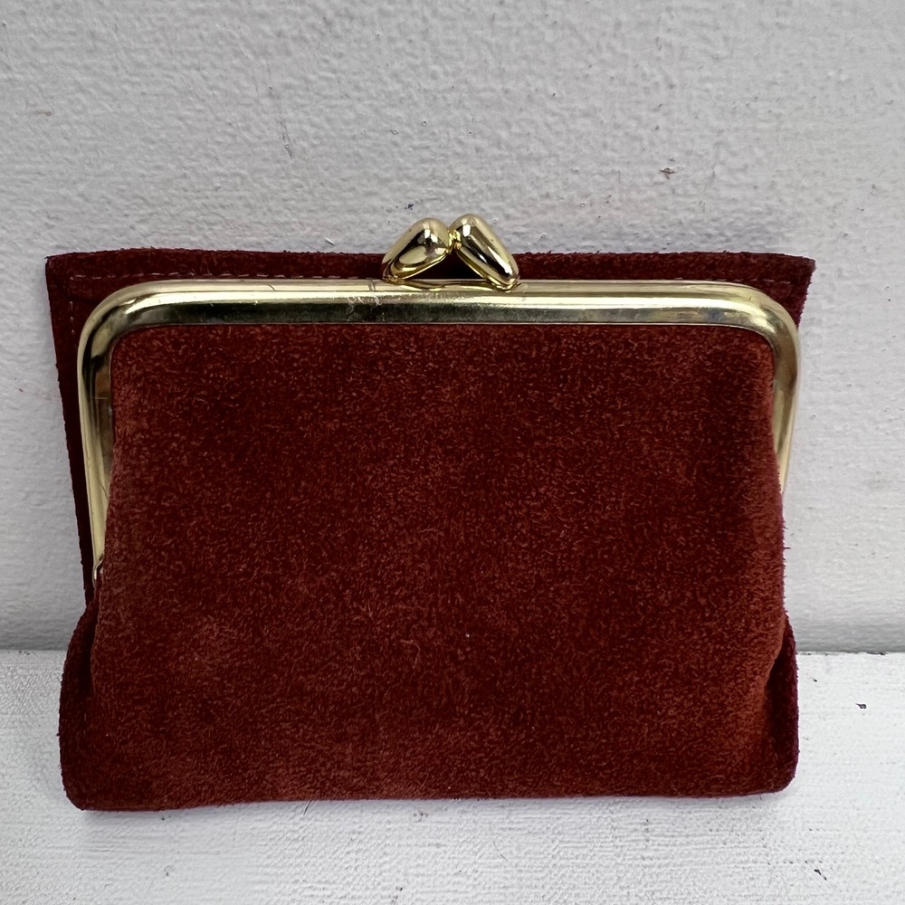 Vintage St. Thomas Burgundy Suede Kiss Lock Trifold Wallet Gold Tone Hardware